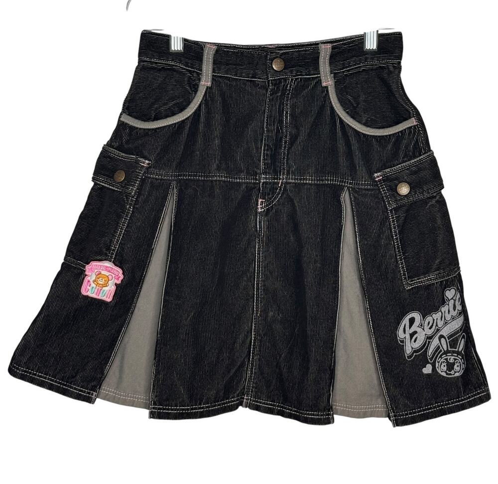 2000s Mezzo Piano Black Corduroy Pleated Cargo Mini Skirt Bunny XS